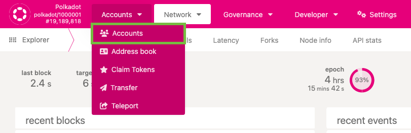 Talisman Wallet: Next hover over (and or click) the Accounts dropdown and click “Accounts”