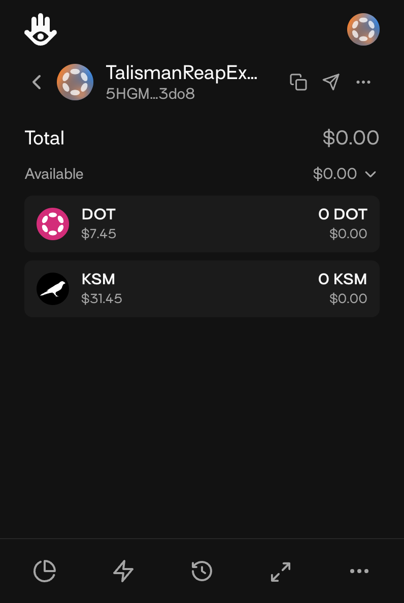 Talisman Wallet: Return to Wallet with 0.00 balance, ready to be reaped
